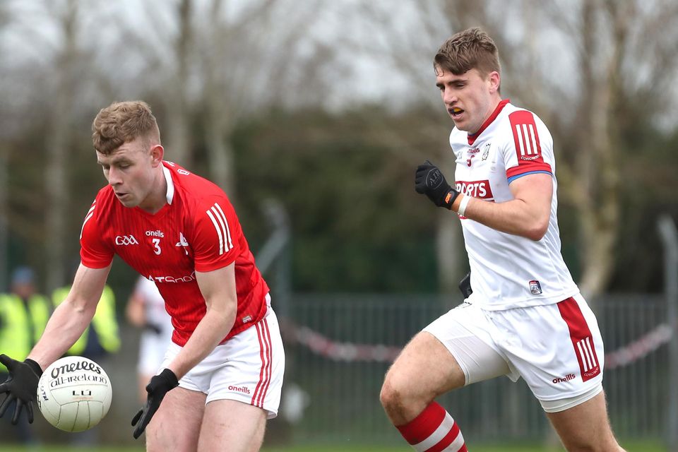 Louth full-back Peter Lynch and Ian Maguire of Cork during last Sunday's National League contest at DEFY Páirc Mhuire, Ardee. Picture: Paul Connor