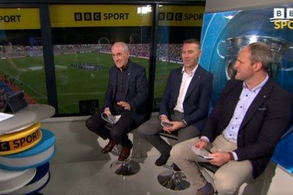 The BBC studio during last weekend's clash between Kerry and Derry, with host Sarah Mulkerrins and pundits Mickey Harte, Oisín McConville and Michael Murphy