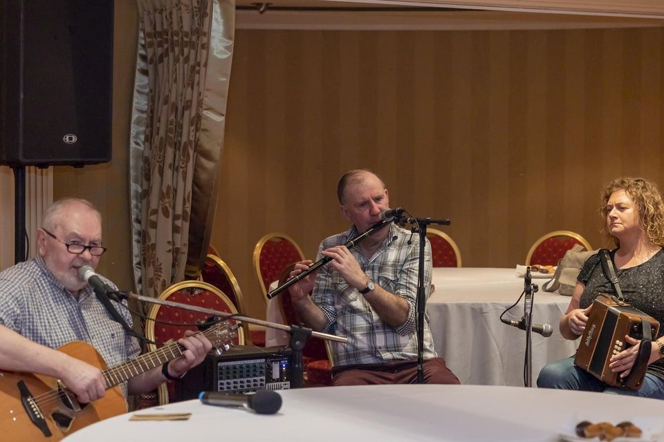Tim Gleeeson (guitar), Tom O Connor (flute), Sheila O'Donoghue (accordion) providing entertainment at the Killarney Soroptimist Charity Pancake morning in the Killarney Avenue Hotel on Tuesday.