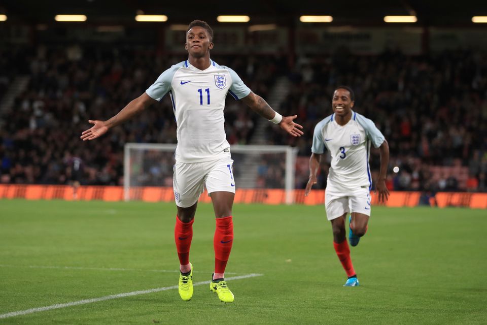 Leicester's Demarai Gray, pictured left, scored England Under-21s' opening goal