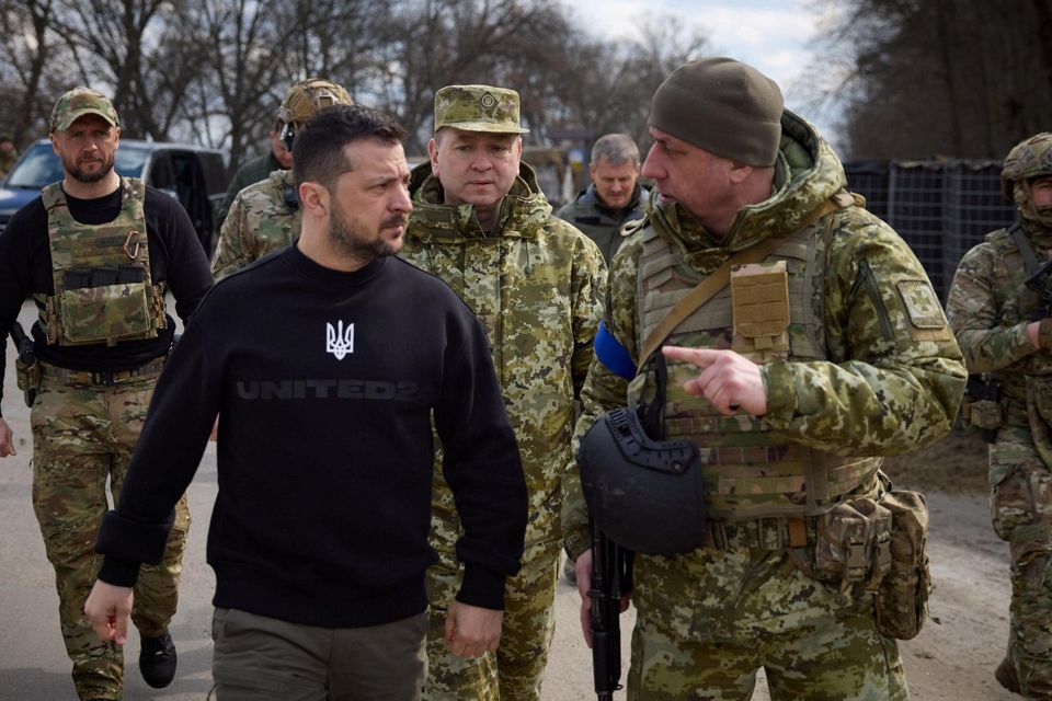 Ukraine's President Volodymyr Zelenskiy visits positions of Ukrainian Border Guards near the border with Russia