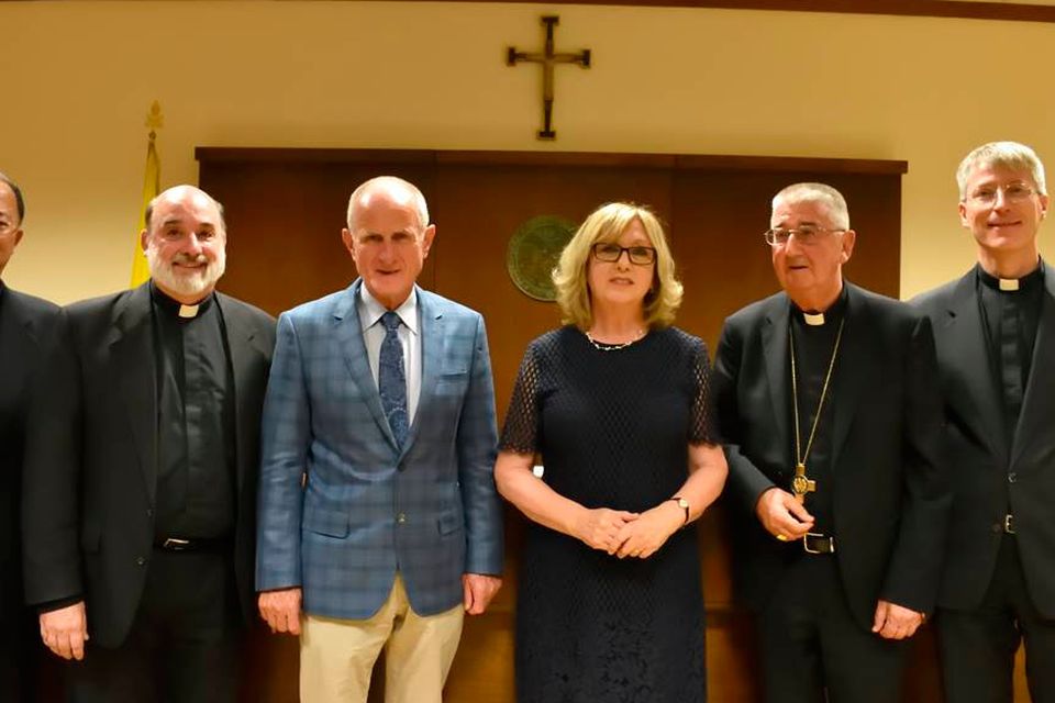 MATTER OF FAITH: Former president Mary McAleese with her husband Martin, the Archbishop of Dublin, Diarmuid Martin, Professor Robert Geisinger and Professor Ulrich Rhode (right) after her doctoral defence at the Pontifical Gregorian University in Rome last Friday evening