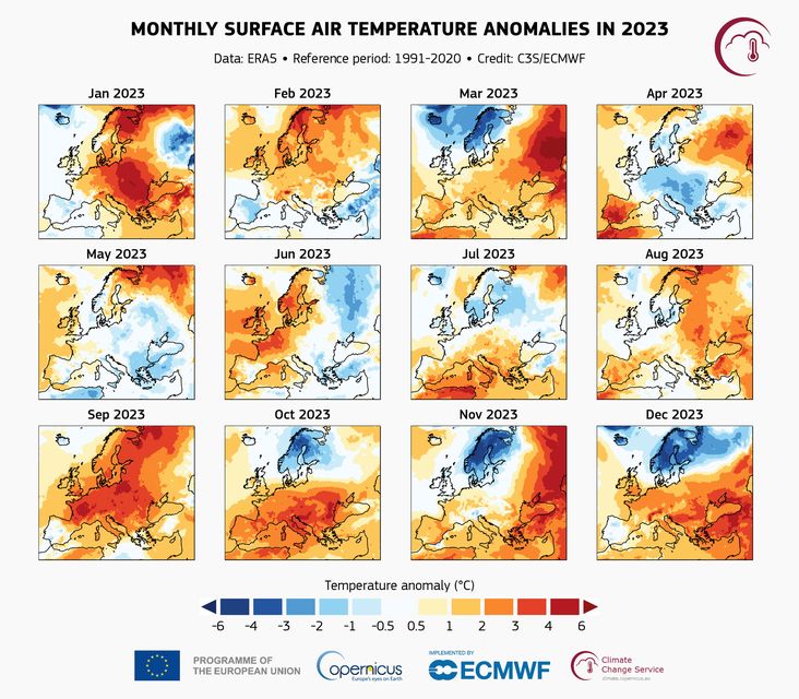 Monthly surface air temperature anomalies in 2023