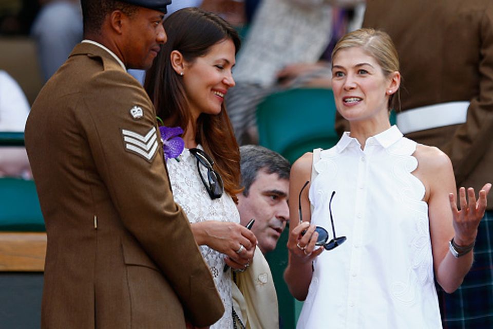 LONDON, ENGLAND - JULY 11:  Rosamund Pike attends day twelve of the Wimbledon Lawn Tennis Championships at the All England Lawn Tennis and Croquet Club on July 11, 2015 in London, England.  (Photo by Julian Finney/Getty Images)