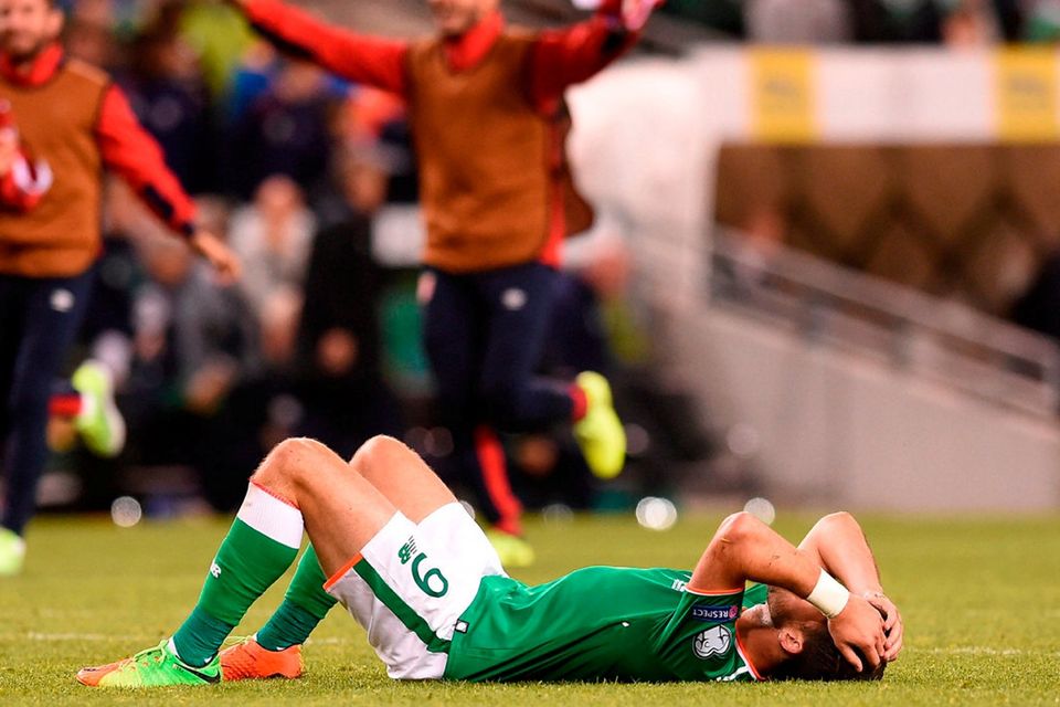 Shane Long reacts after defeat to the Serbians at the Aviva in Dublin. Photo: Matt Browne/Sportsfile
