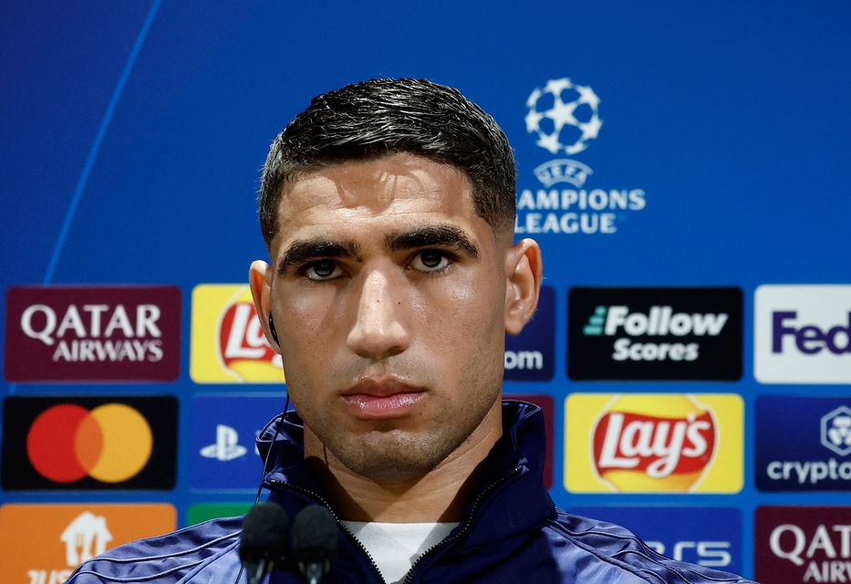 Paris St Germain's Achraf Hakimi during a press conference in Paris today.