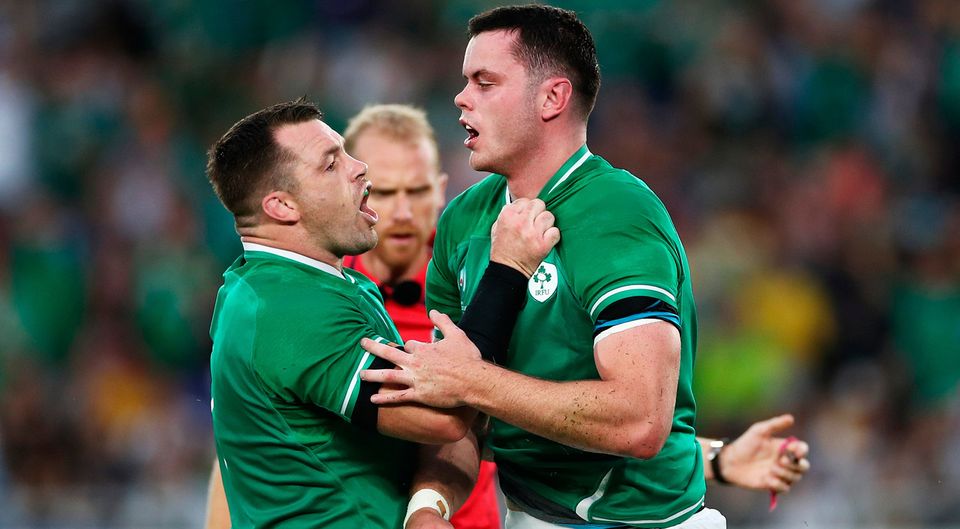 James Ryan is congratulated by Cian Healy after scoring his try. Photo by Cameron Spencer/Getty Images