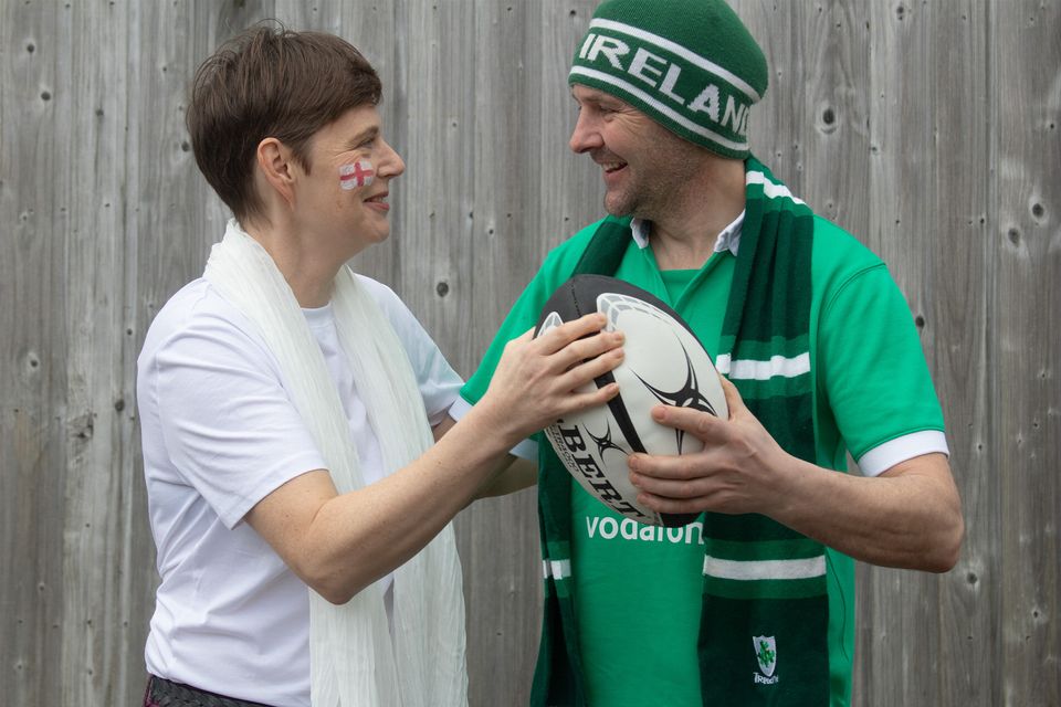 Married couple Kyra, from England, and Barry, from Ireland, will be supporting opposing teams today. Photo: Mark Condren