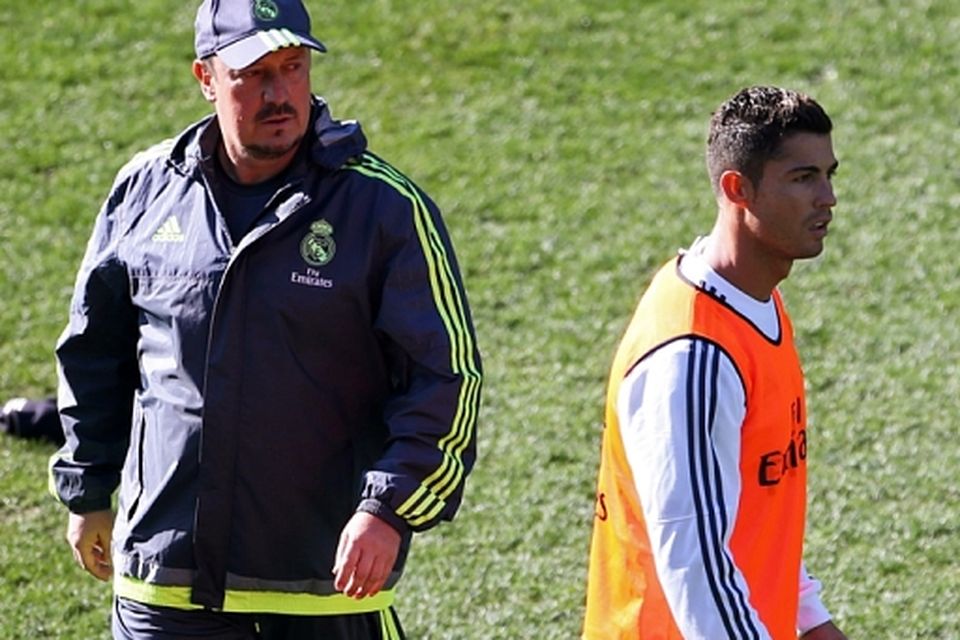 Real Madrid's manager Rafael Benitez and Cristiano Ronaldo during training