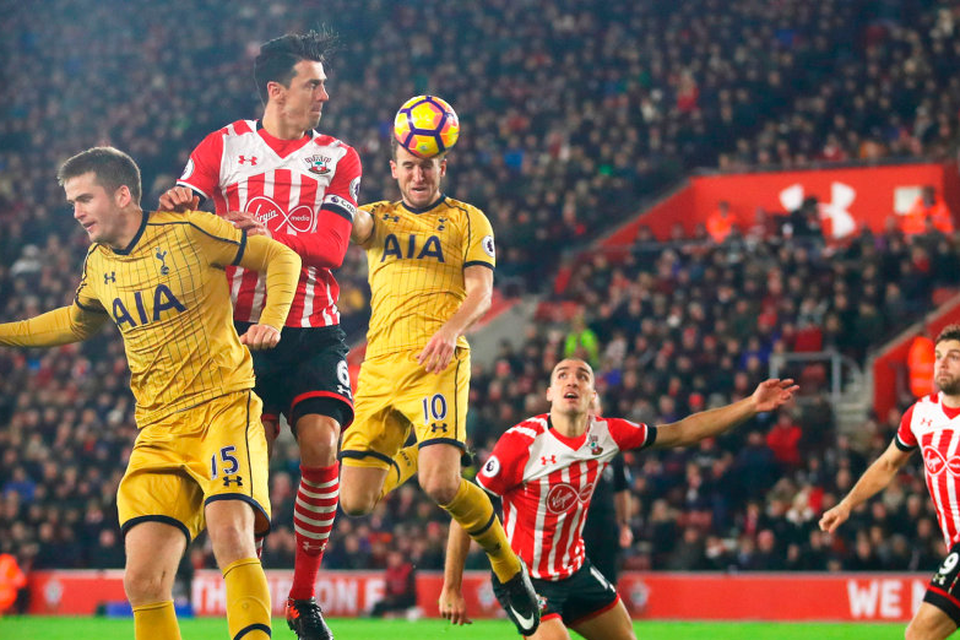Tottenham Hotspur’s Harry Kane scores their second goal against Southampton at St Mary’s Stadium last night. Pic: Getty Images