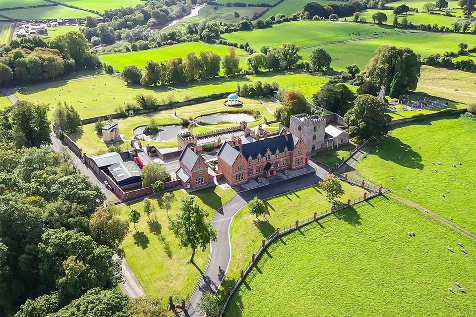 An aerial view of the splendid Netterville Manor, with its magnificent gardens and lake and 15th century tower.