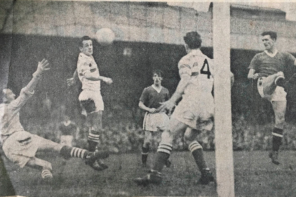 Eamonn D’arcy’s old newspaper cutting of Liam Whelan (right) heading the ball past him for Rovers’ third goal