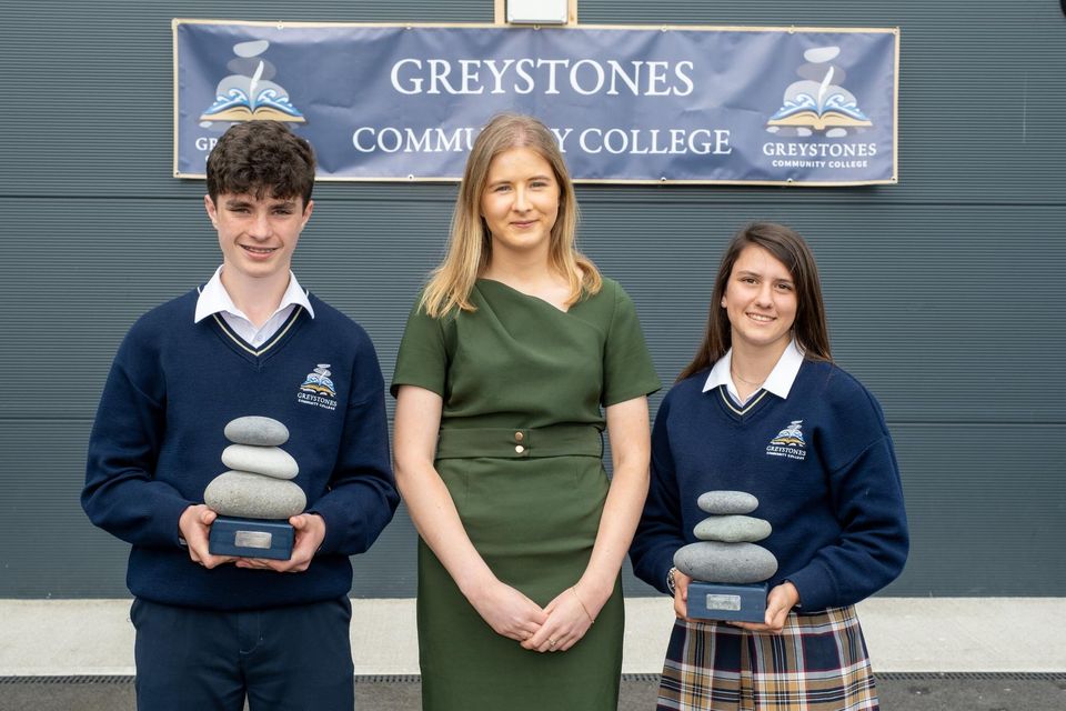 Buaic Chloch Students of the Year (2nd year) Matthew Ryan and Angelica Di Tillio with year head Ms Rebecca Wray.