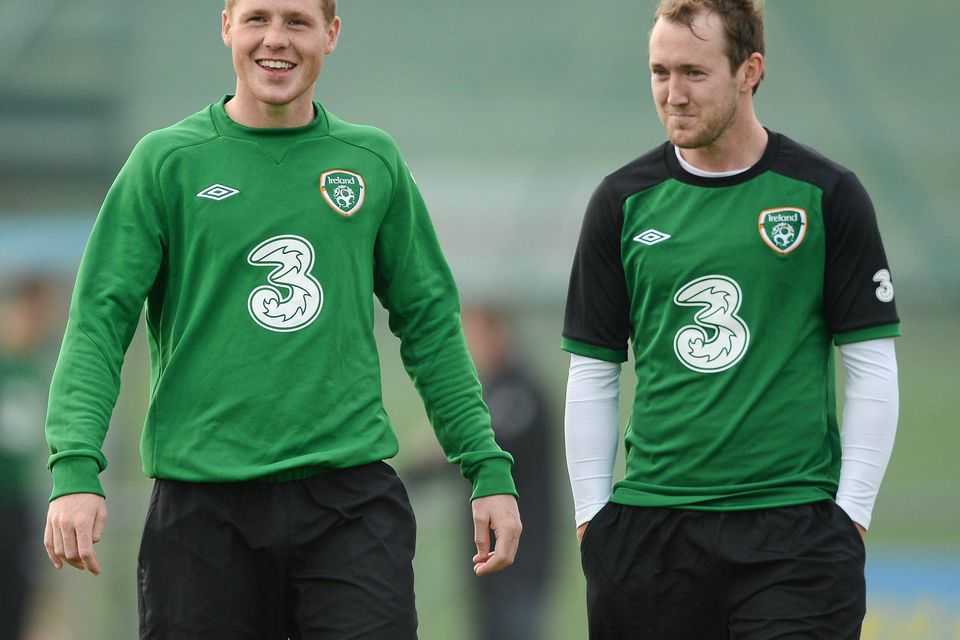 9 October 2012; Republic of Ireland's James McCarthy, left, and Aiden McGeady during squad training ahead of their side's FIFA World Cup Qualifier match against Germany on Friday. Republic of Ireland Squad Training, Gannon Park, Malahide, Co. Dublin. Picture credit: David Maher / SPORTSFILE