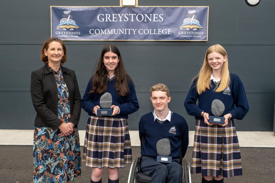 At the Greystones Community College Award Ceremony, were Foundation Stone Winners (Pride) Holly Cheevers, Leo Carrick and Peyton Foley, with Councillor Lourda Scott (Board of Management Chairperson). Photos: Leigh Anderson.