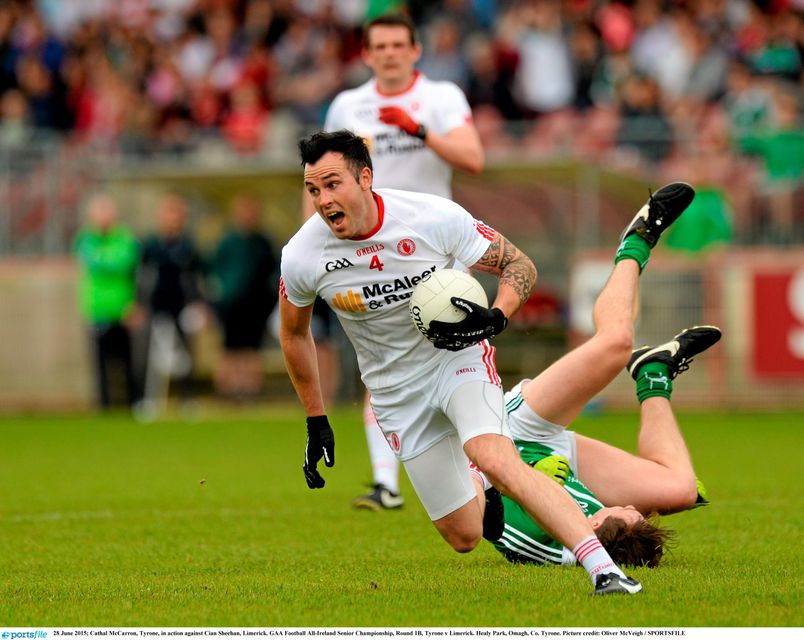 28 June 2015; Cathal McCarron, Tyrone, in action Limerick. GAA Football All-Ireland Senior Championship, Round 1B, Tyrone v Limerick. Healy Park, Omagh, Co. Tyrone. Picture credit: Oliver McVeigh / SPORTSFILE