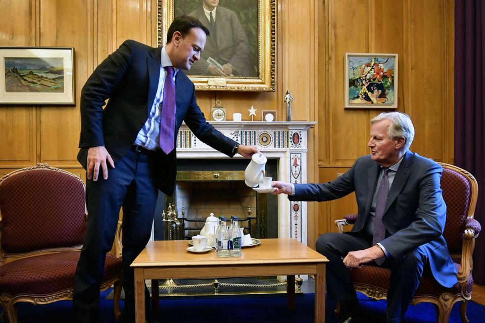 Taoiseach Leo Varadkar pours a cup of tea for EU Chief Brexit Negotiator Michel Barnier