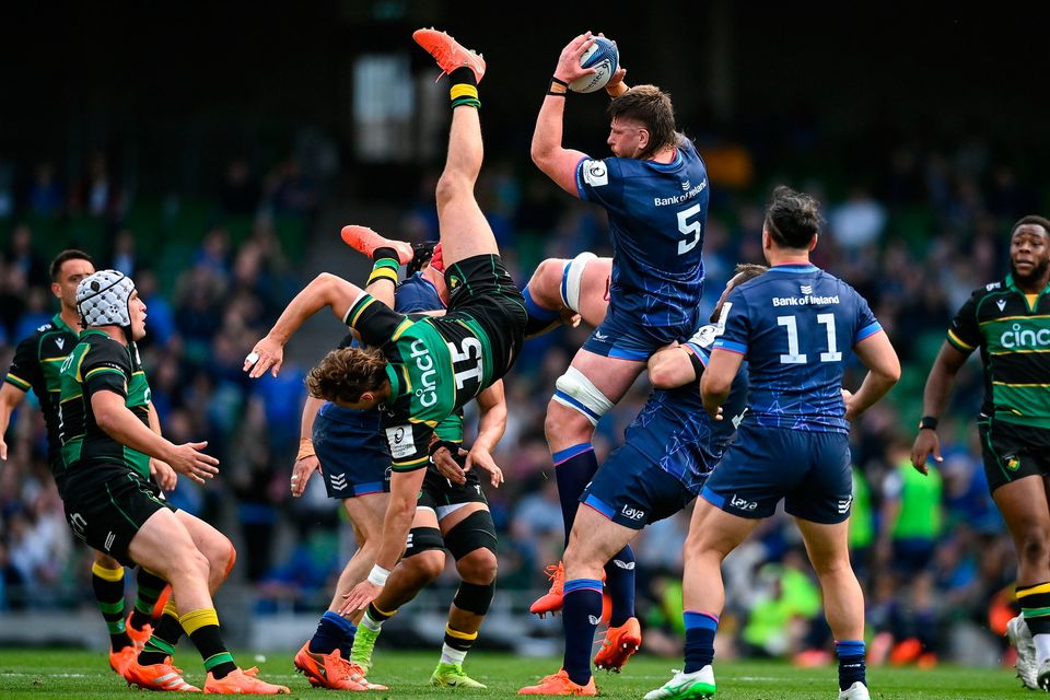 Joe McCarthy of Leinster in action against James Ramm of Northampton Saints during the Champions Cup semi-final at the Aviva Stadium in Dublin. Photo: David Fitzgerald/Sportsfile