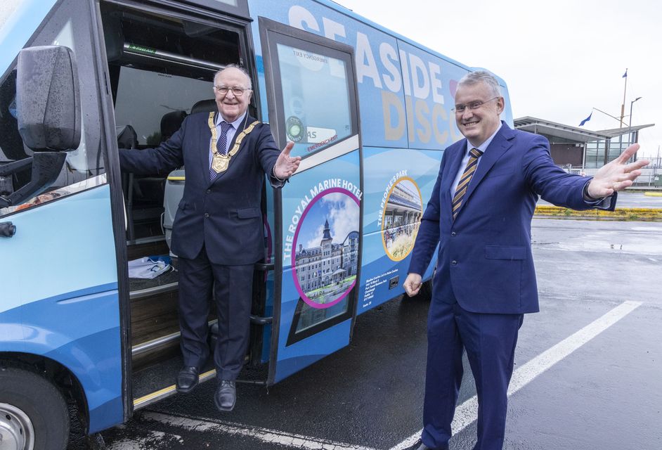 Councillor Denis O'Callaghan and Frank Curran of Dún Laoghaire-Rathdown County Council at the official launch of the Seaside Discovery bus tours