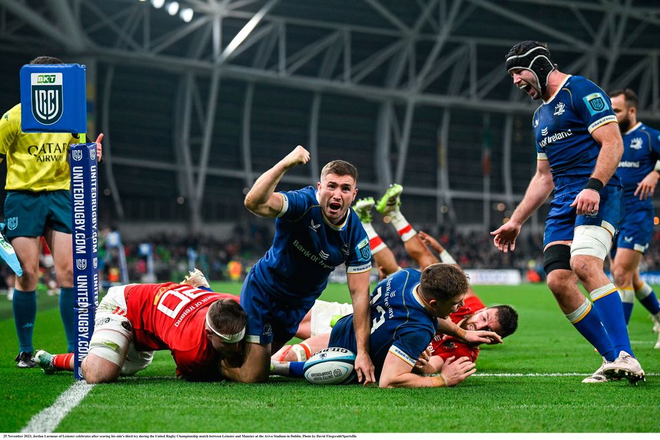 Jordan Larmour of Leinster celebrates after scoring his side's third try during the United Rugby Championship match between Leinster and Munster at the Aviva Stadium in Dublin. Photo by David Fitzgerald/Sportsfile