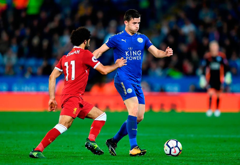 Mohamed Salah of Liverpool puts pressure on Ben Chilwell of Leicester City. Photo: Getty