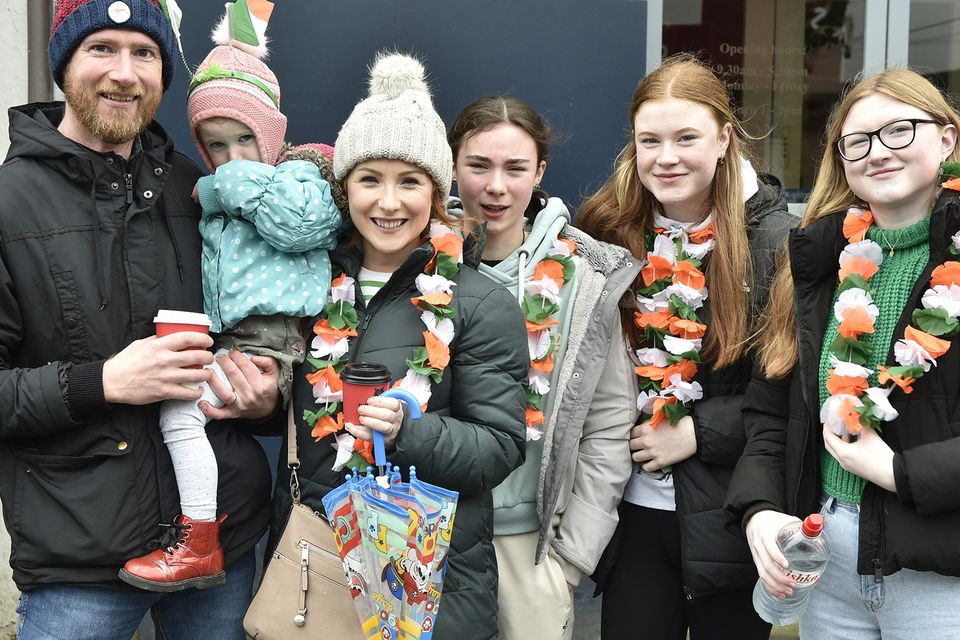 From left: Peter, Amelia, Catherine, Ava, Lily and Ella Campbell at the St Patrick's Day parade in Gorey.