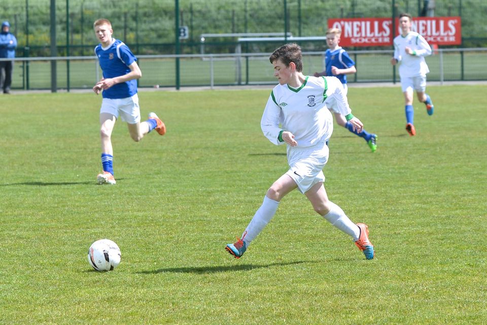 19/05/15.Liam Tracey during the Under 15s soccer final between Colaiste Phadraig CBS and Templeouge College at Peamount Utd.
Pic: Justin Farrelly.