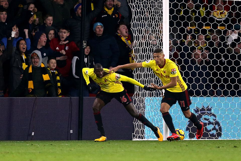Watford's Abdoulaye Doucoure, left, celebrates scoring his side's equaliser against Southampton