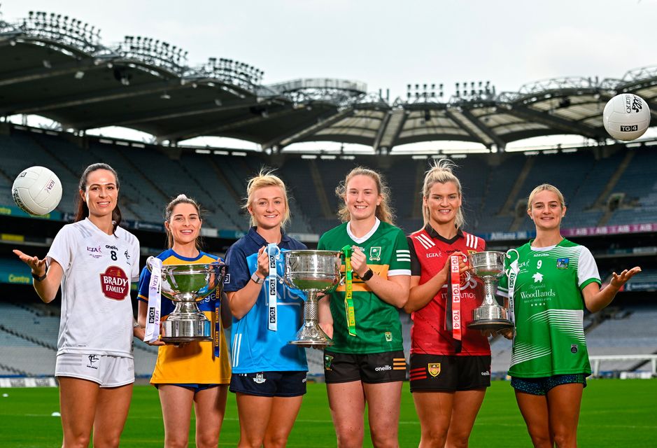 In attendance at the 2023 TG4 All-Ireland Ladies Football Championship finals Captains Day were Grace Clifford of Kildare, Caoimhe Harvey of Clare, Carla Rowe of Dublin, Síofra O'Shea of Kerry, Meghan Doherty of Down and Róisin Ambrose of Limerick at Croke Park. Photo by Sam Barnes/Sportsfile