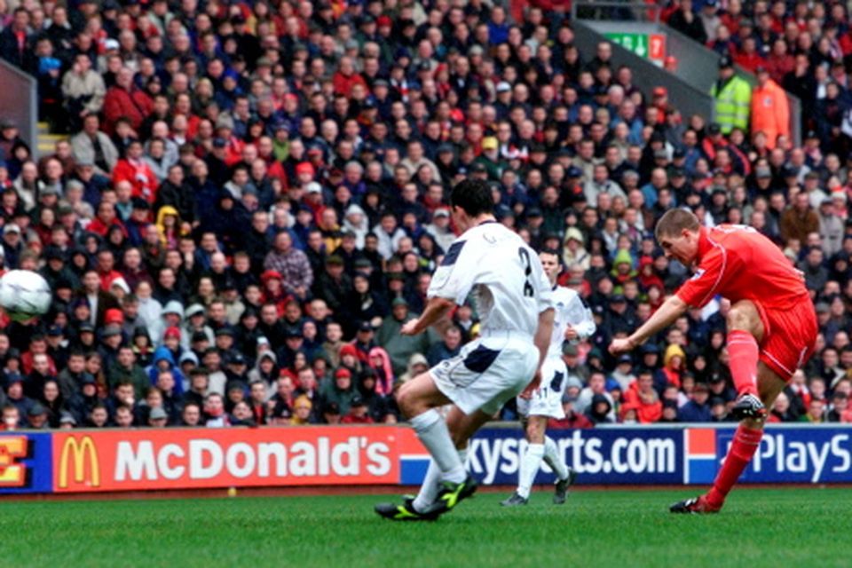File photo dated 31-03-2001 of Steven Gerrard scores Liverpool's opening goal during the FA Carling Premiership game against Manchester United at Anfield, Liverpool. 
David Davies/PA Wire.