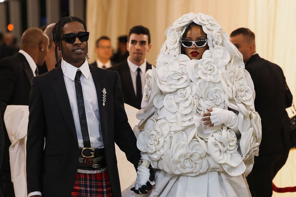 Rihanna and ASAP Rocky attend the Met Gala, an annual fundraising gala held for the benefit of the Metropolitan Museum of Art's Costume Institute with this year's theme "Karl Lagerfeld: A Line of Beauty", in New York City, New York, U.S., May 1, 2023. REUTERS/Andrew Kelly