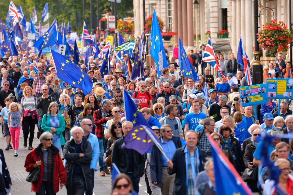Protesters make their way along Piccadilly during of a pro-EU People's March For Europe in London