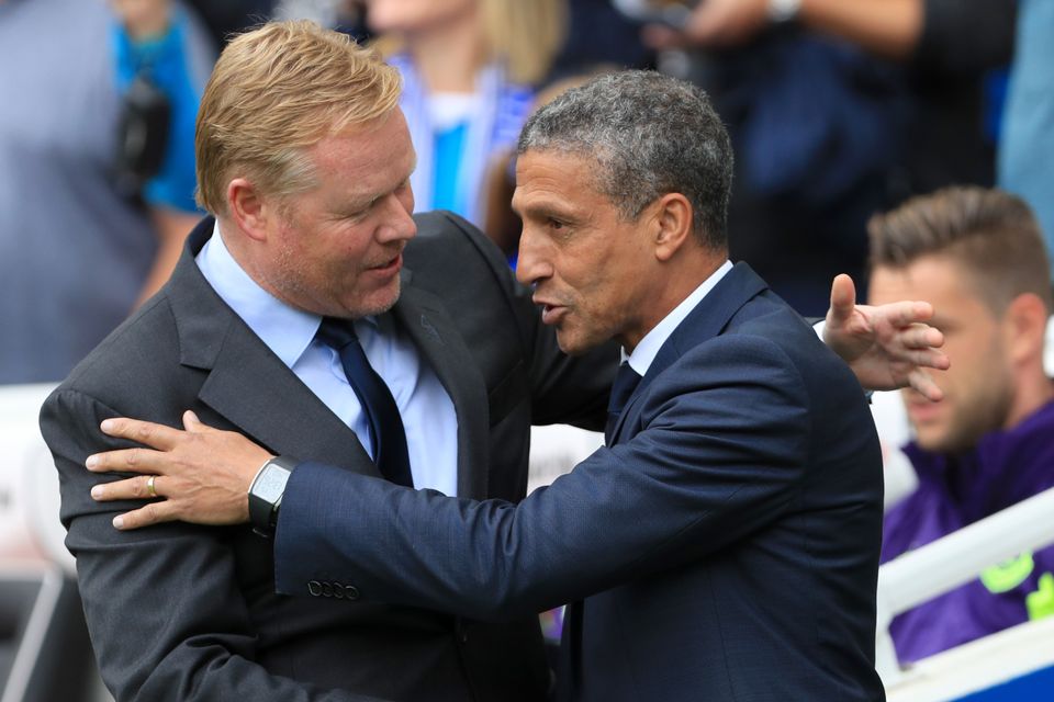 Everton's late equaliser left Ronald Koeman, left, and Chris Hughton with contrasting emotions