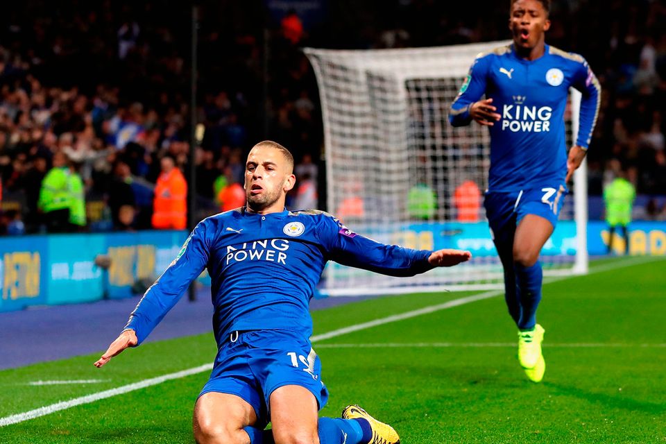 Islam Slimani of Leicester City celebrates scoring his side's second goal during their League Cup third-round clash Photo: Matthew Lewis/Getty Images