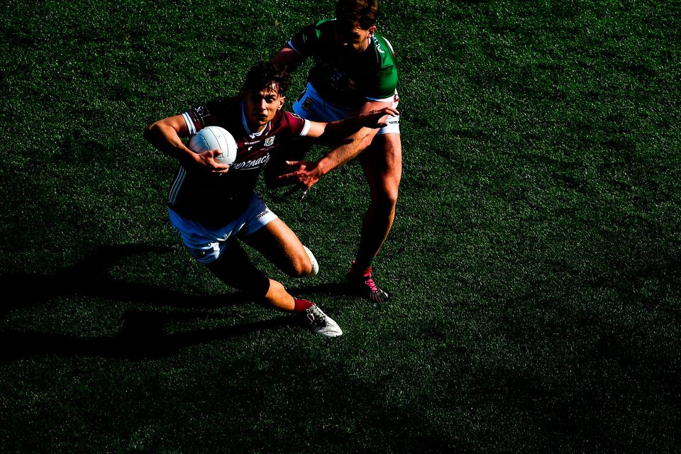 2 April 2023; Seán Fitzgerald of Galway in action against Aidan O'Shea of Mayo during the Allianz Football League Division 1 final at Croke Park in Dublin. Photo by Tyler Miller/Sportsfile
