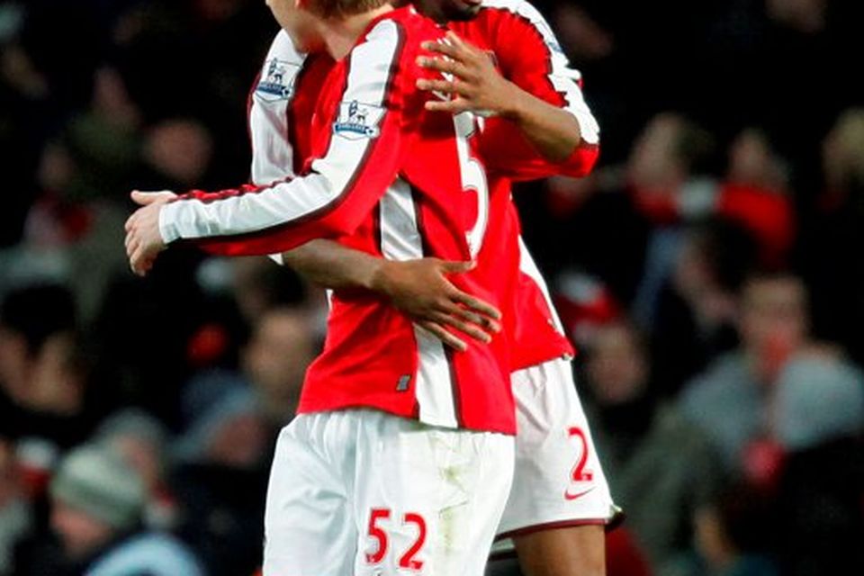 Arsenal's French player Abou Diaby celebrates scoring his goal with Danish striker Nicklas Bendtner during the English Premier League football match between Arsenal and Liverpool, February 10, 2010