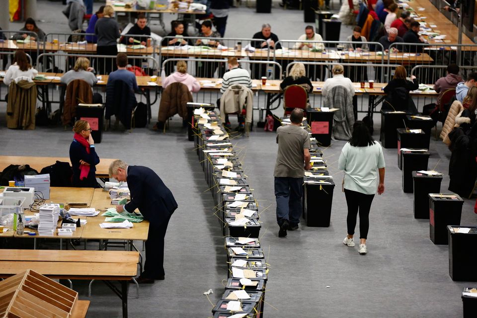Counting for the referendums at the RDS, Dublin. Photo: Damien Storan/PA 