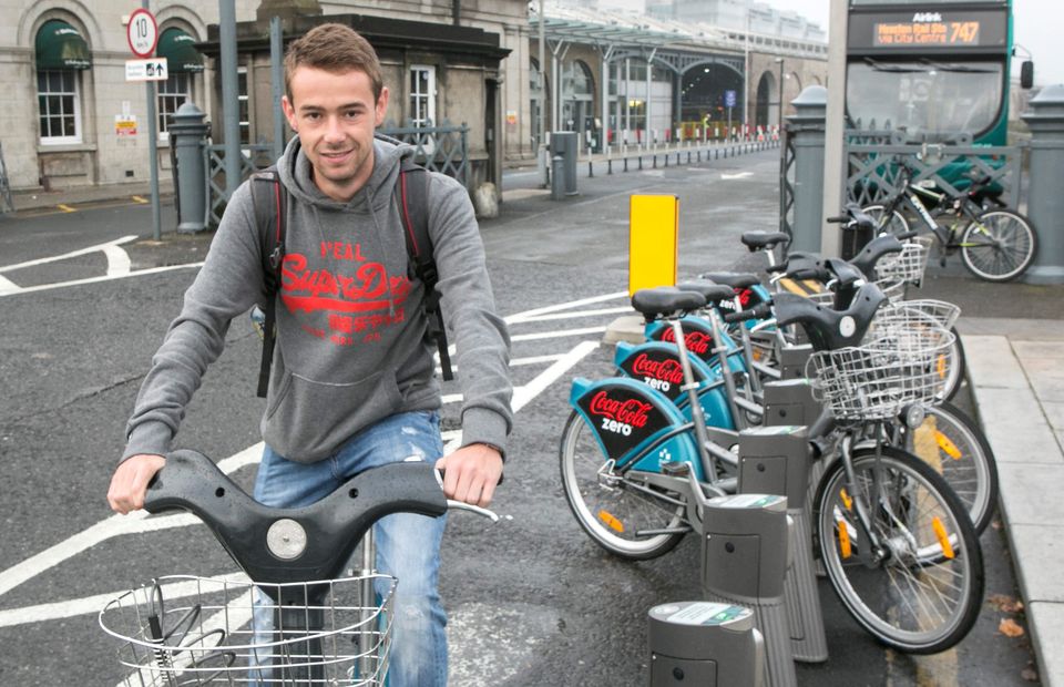Aiden Heffernan from Kildare using the Dublin Bike at Heuston Station
