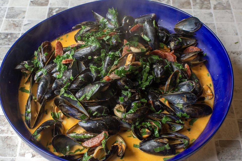 "Wild garlic and mussels happen to go really well with each other and mussels are so good at this time of the year." Mussels and chorizo with wild garlic. Photo: Tony Gavin