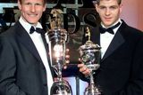 thumbnail: File photo dated 29-04-2001 of Manchester United's Teddy Sheringham (left) recipient of The Professional Footballers' Association (PFA) Player's Player of the Year Award with Liverpool's Steven Gerrard who received the Young Player of the Year Award at a ceremony held at the Grosvenor House Hotel, London. 
Gareth Copley/PA Wire.