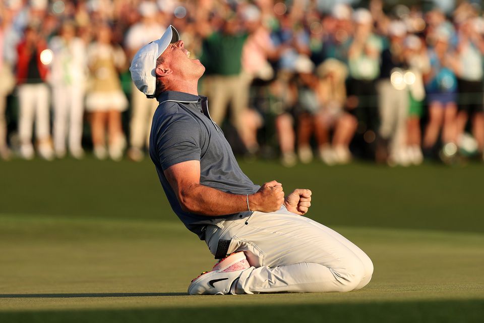 Rory McIlroy celebrates winning the 2025 Masters Tournament after the first playoff hole on the 18th green at Augusta National Golf Club. (Photo by Richard Heathcote/Getty Images)