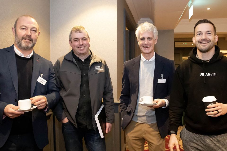 County Wexford Chamber of Commerce B2B at Brandon House hotel. From left; Barry Madigan WWETB, Tom Croke from Machine Shop Ireland, Rob Amis from Taylorstown PM Ltd and Andy Murphy from Urban Gym. Photo; Mary Browne