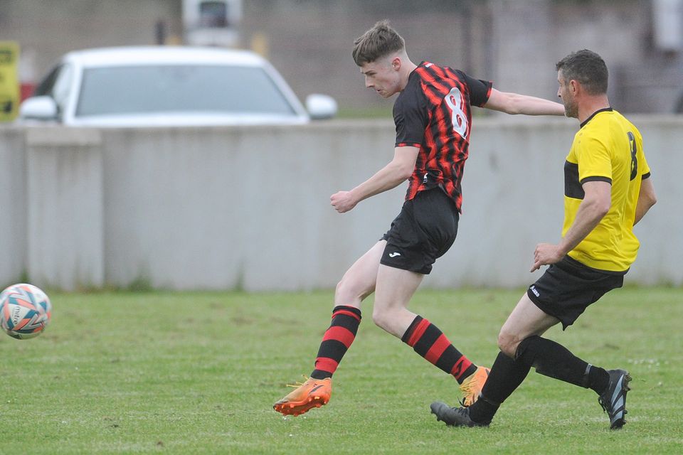 Caolan Sharkey-O'Neill attempts to score a goal for Bellurgan United during the NEFL Premier Division game against Carrick Rovers at Flynn Park. Picture: Aidan Dullaghan/Newspics