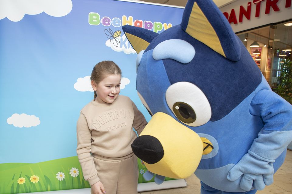 Ellie Jameson chats with Bluey at the Bridgewater Shopping Centre in Arklow. Photo: Michael Kelly