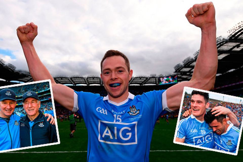 Dean Rock celebrates, Jim Gavin with his father Jim (inset left) and Diarmuid Connolly and Cian O'Sullivan celebrate