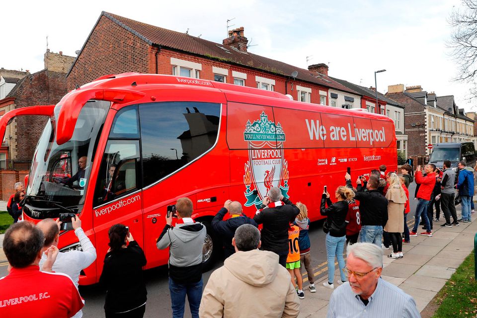 The Liverpool team bus outside the stadium before the match