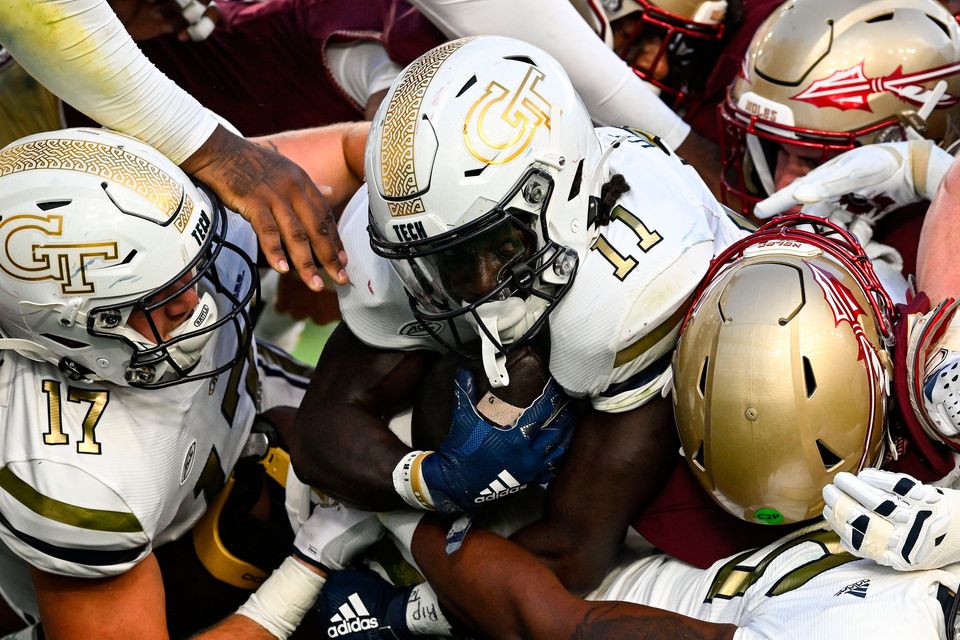 24 August 2024; Georgia Tech Yellow Jackets running back Jamal Haynes goes over to score his side's second touchdown during the 2024 Aer Lingus College Football Classic match between Florida State and Georgia Tech at Aviva Stadium in Dublin. Photo by Brendan Moran/Sportsfile 