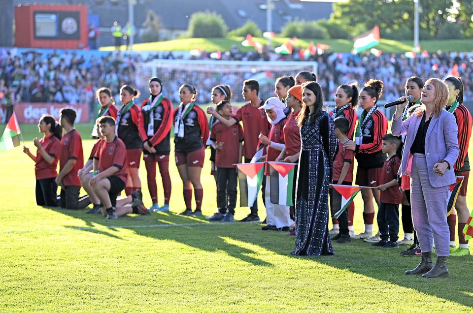 Radie Peat performs Amhrán na bhFiann before the Bohemians and Palestine match at Dalymount Park, Dublin on May 15. Photo: Stephen McCarthy/Sportsfile