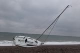 thumbnail: The Hunter Horizon four-berth yacht ‘Katie’ washed up at Kilcoole Beach.