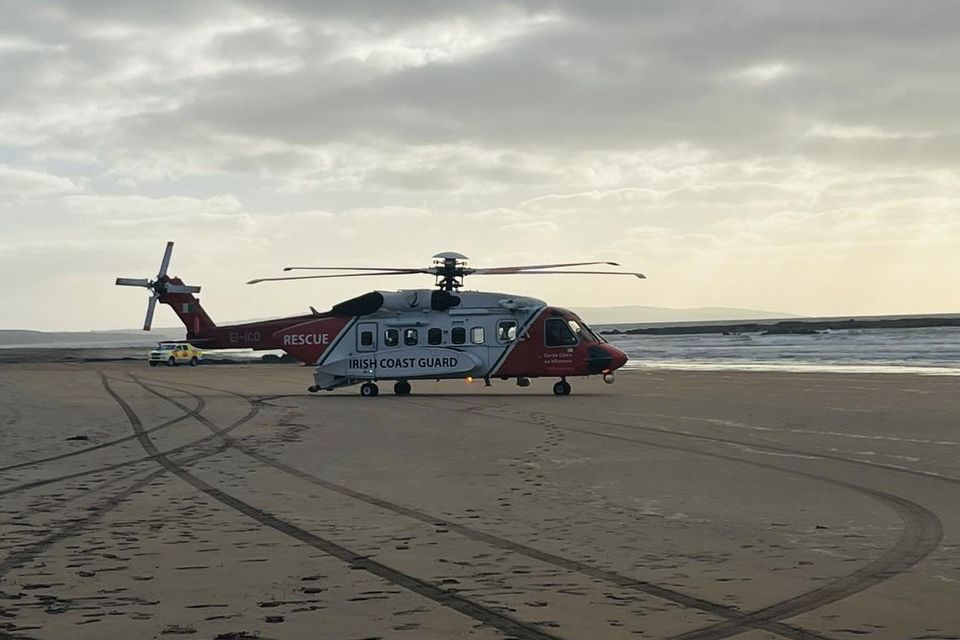 The Shannon Coastguard Rescue 115 helicopter on the Men's Beach in Ballybunion during Saturday's emergency